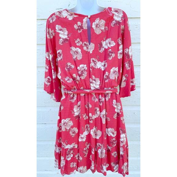 Peach Love California Dress Flutter Sleeve Ruffle Hem Sz Medium Coral Floral - Picture 6 of 7